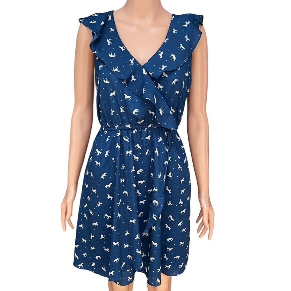 BCBGeneration Blue unicorn Print Ruffle Front Dress Womens Small S Side Pockets